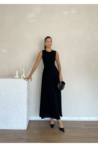 Biyeli Uzun Belden Aşağı Çan İnen Kolsuz Şık Günlük Kadın Elbise