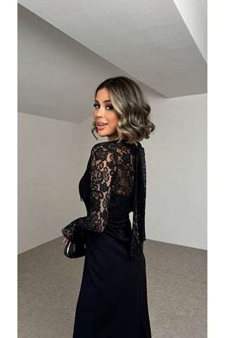 Grace Dantel Detaylı Midi Elbise - Siyah - EU3219