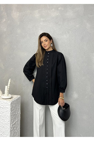 Önü Pileli Balon Kol Günlük Şık Gece Kadın Gömlek
