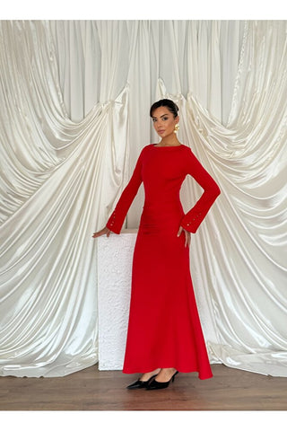 Kol Düğme Detaylı Çan İnen Beli Oturan Uzun Boy Günlük Özel Gün Marbella Kadın Elbise