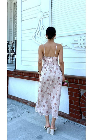 Desenli Boyundan Gül Bağlama Detaylı Askılı Kadın Özel Gün Günlük Elbise