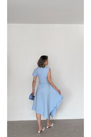 Asimetrik Yaka Midi Elbise-Mavi-EU3169