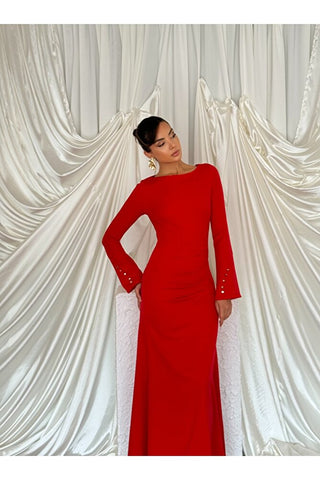 Kol Düğme Detaylı Çan İnen Beli Oturan Uzun Boy Günlük Özel Gün Marbella Kadın Elbise