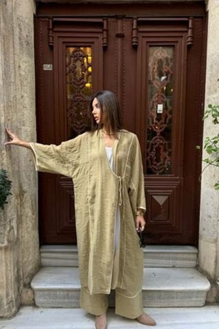Biyeli Tensel Kimono Pantolon Takım-Yeşil