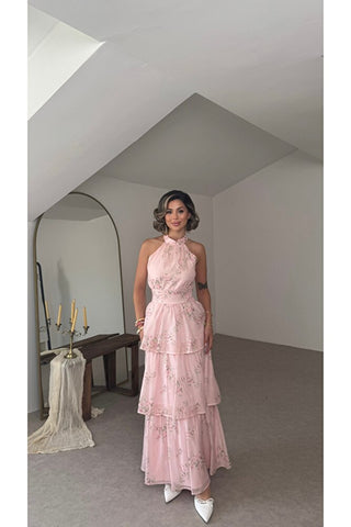 Volanlı Çiçek Desenli Elbise - Pembe - EU3221