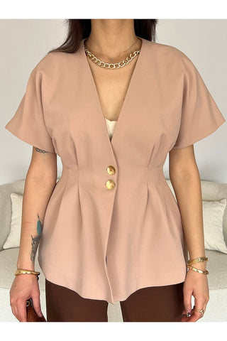 Belden Oturtmalı Kısa Kol Düğmeli Kadın Ceket