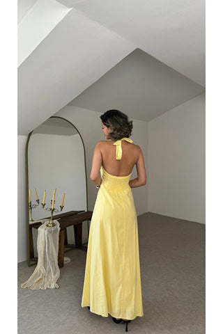 Sole Halter Yaka Maxi Elbise - Sarı - EU3211
