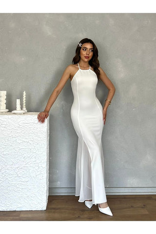 Şifon Detaylı Uzun Boy Vücudu Saran Gece Mezuniyet Nişan Kadın Elbise