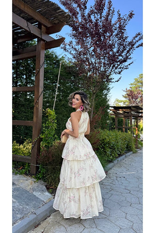 Volanlı Çiçek Desenli Elbise - Bej -EU3221