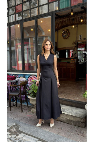 V Yaka Kolsuz Belden Oturan Atlas Maxi Kadın Günlük Özel Gün Elbise