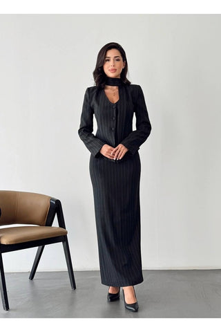 Çizgili Vatkalı Astarlı Boyun Aksesuarlı Ceket Etekli Kadın Özel Gün Günlük İkili Takım