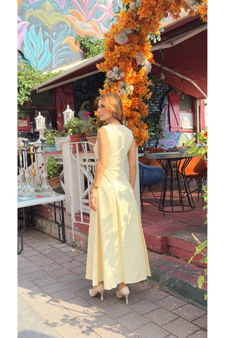 V Yaka Kolsuz Belden Oturan Atlas Maxi Kadın Günlük Özel Gün Elbise