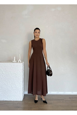 Biyeli Uzun Belden Aşağı Çan İnen Kolsuz Şık Günlük Kadın Elbise