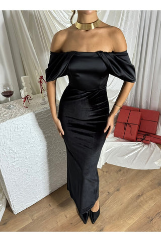 Göğüs Kısmı Saten Eteği Kadife Vücudu Saran Uzun Boy Özel Gün Kadın Nocturna Elbise