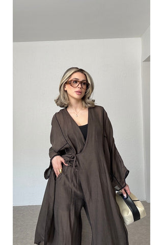 Biyeli Tensel Kimono Pantolon Takım-Kahverengi