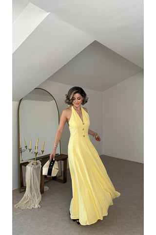 Sole Halter Yaka Maxi Elbise - Sarı - EU3211