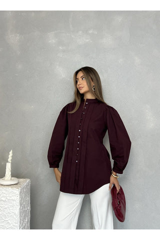 Önü Pileli Balon Kol Günlük Şık Gece Kadın Gömlek