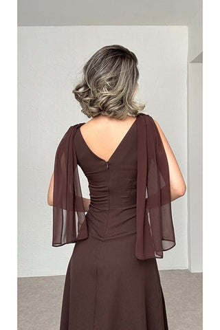 Şifon Şallı Midi Elbise-Kahverengi-EU3195