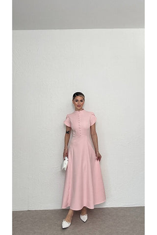 Düğmeli Midi Elbise-Pembe-EU3201
