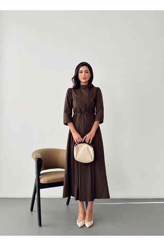 Kadın Pile Detaylı Uzun Boy Kuşaklı Özel Gün Günlük Elbise