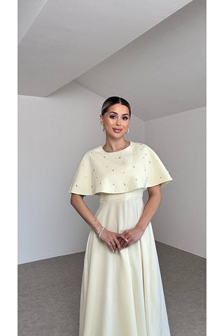 Taşlı Bolerolu Uzun Elbise - Sarı - EU3198