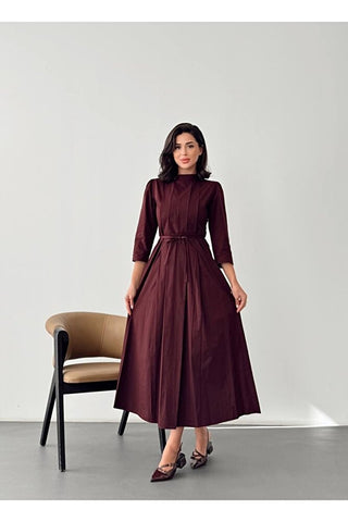 Kadın Pile Detaylı Uzun Boy Kuşaklı Özel Gün Günlük Elbise