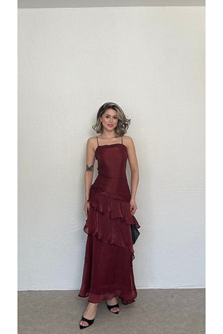 Volanlı Askılı Elbise-Bordo-EU3196