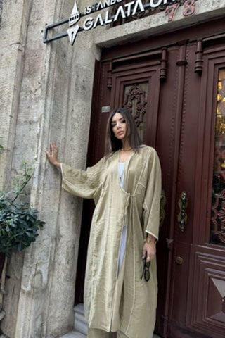 Biyeli Tensel Kimono Pantolon Takım-Yeşil