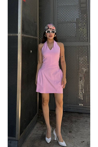 Sırt Dekolteli Boyundan Düğme Kapamalı Mini Yazlık Elbise