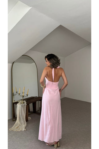 Sole Halter Yaka Maxi Elbise - Pembe - EU3211