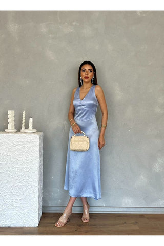 Kıraçlı Saten Midi Özel Gün Mezuniyet Nişan Abiye Kadın Elbise