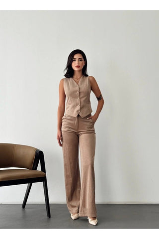 Fitilli Kadife Yelek Pantolon Kadın Günlük Özel Günlük Takım