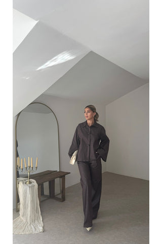 Oversize Düğme Detaylı Takım - Kahverengi - EU2170