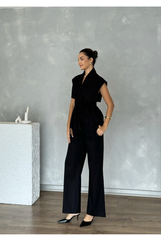 Rüzgarlık Detaylı Kuşaklı Kolsuz Kadın Şık Klasik Günlük Nişan Düğün Pantolon Yelek Takım