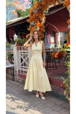 V Yaka Kolsuz Belden Oturan Atlas Maxi Kadın Günlük Özel Gün Elbise