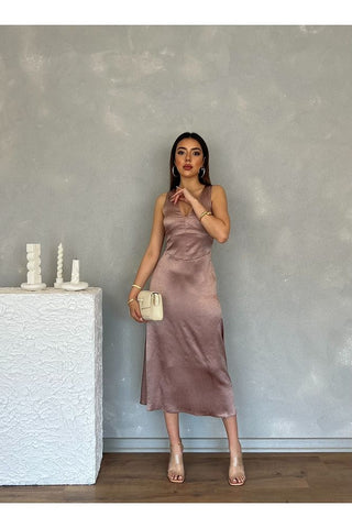 Kıraçlı Saten Midi Özel Gün Mezuniyet Nişan Abiye Kadın Elbise