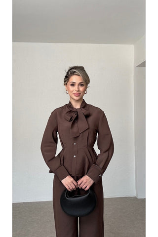Volanlı Gömlek Pantolon Takım-Kahverengi