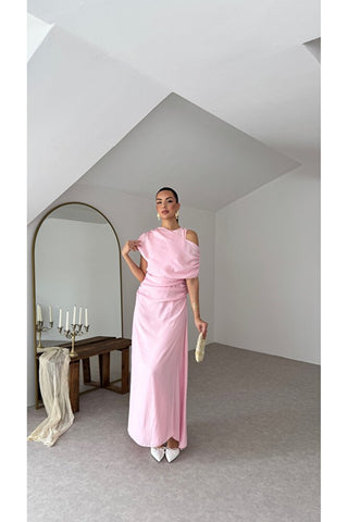 Şal Detaylı Uzun Boy Elbise-Pembe -EU3184