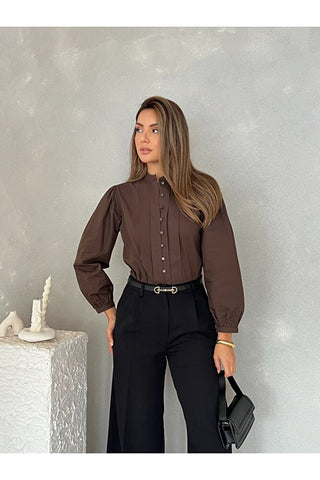 Önü Pileli Balon Kol Günlük Şık Gece Kadın Gömlek