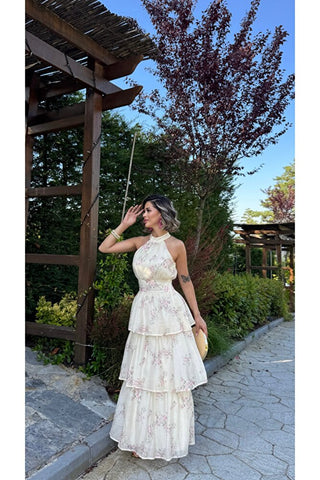 Volanlı Çiçek Desenli Elbise - Bej -EU3221