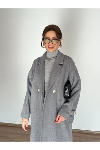 Kolu Pileli Düğmeli Oversize Kaban