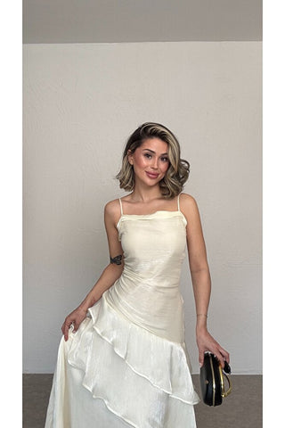 Volanlı Askılı Elbise-Krem-EU3196