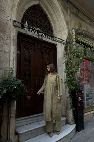 Biyeli Tensel Kimono Pantolon Takım-Yeşil