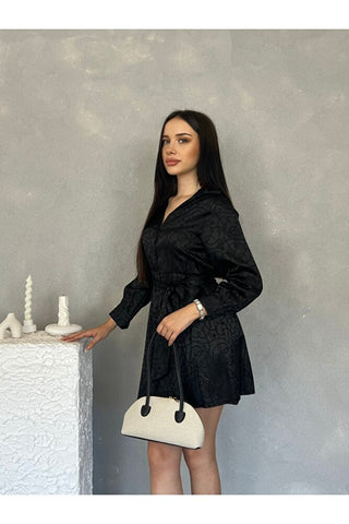 Kuşaklı Jakarlı Kadın Mini Elbise