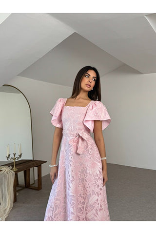 Jakarlı Tül Elbise-Pembe-EU3189