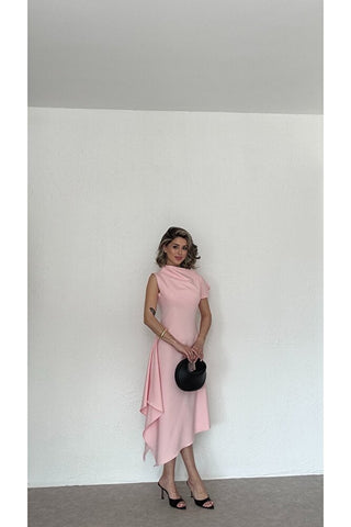 Asimetrik Yaka Midi Elbise - Pembe - EU3169