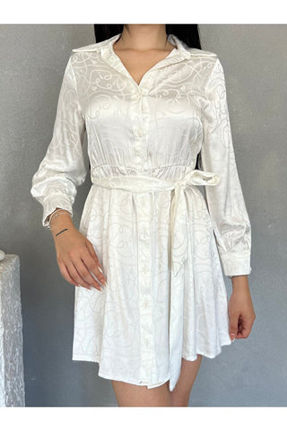 Kuşaklı Jakarlı Kadın Mini Elbise
