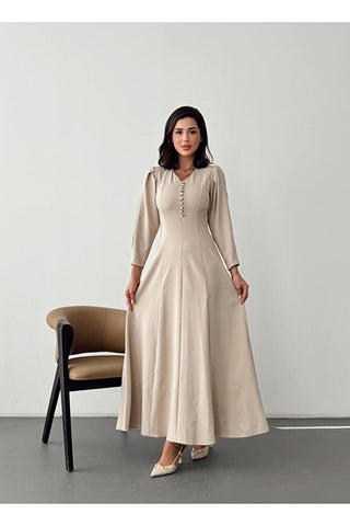 V Yaka Önü Düğme Detaylı Belden Oturan Uzun Boy Günlük Özel Gün Kadın Elbise
