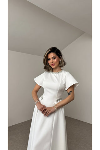 Amour Taş Detaylı Elbise - Beyaz - EU3220