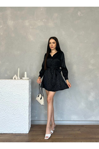 Kuşaklı Jakarlı Kadın Mini Elbise
